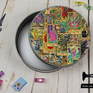 Tarotkaarten, mysticus, magie, thema, ronde, opslag, blik, leeg, ambachtelijke opslag, metaal, naaidoos, Rubyjam-stof