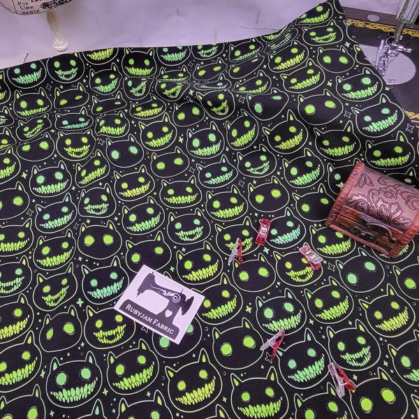 Neon Green, Spooky Cats, Fabric, Halloween Cats, Halloween Fabric, gothic cheshire cat, Cotton Elastane, Cotton Spandex, Stretch, Knit