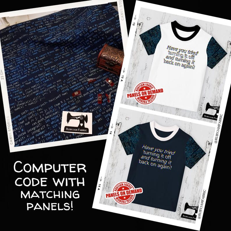 K&ouml;nnte beinhalten: Ein blauer und wei&szlig;er Stoff mit darauf gedrucktem Computercode. Zwei T-Shirts sind abgebildet, auf denen der gleiche Code gedruckt ist. Ein T-Shirt ist wei&szlig; mit schwarzem Besatz und das andere ist marineblau mit wei&szlig;em Besatz. Beide T-Shirts haben den Text "Have you tried turning it off and turning it back on again?" aufgedruckt.