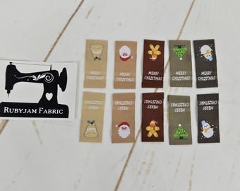 Kerstmis, veelkleurig, innaaibare, geweven labels, kledinglabels, kledingstuklabels, labels voor naaiprojecten, rubyjam-stof, pak van 10