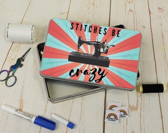 Stitches Be Crazy, Theme, Storage, Tin, Empty, Rectangle, Metal, Sewing Box, Sewing Storage, Sewing themed gift, Rubyjam Fabric