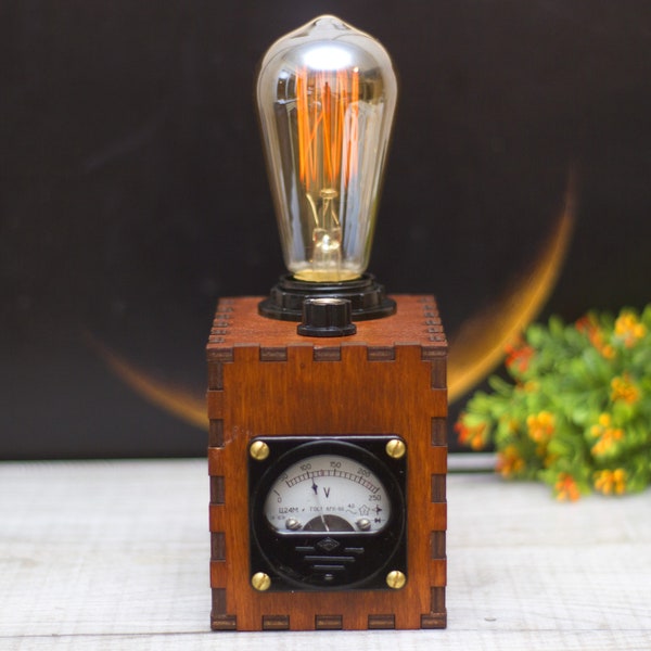 Personalized wooden meter Edison lamp. Voltmeter lamp for electricians and engineers.