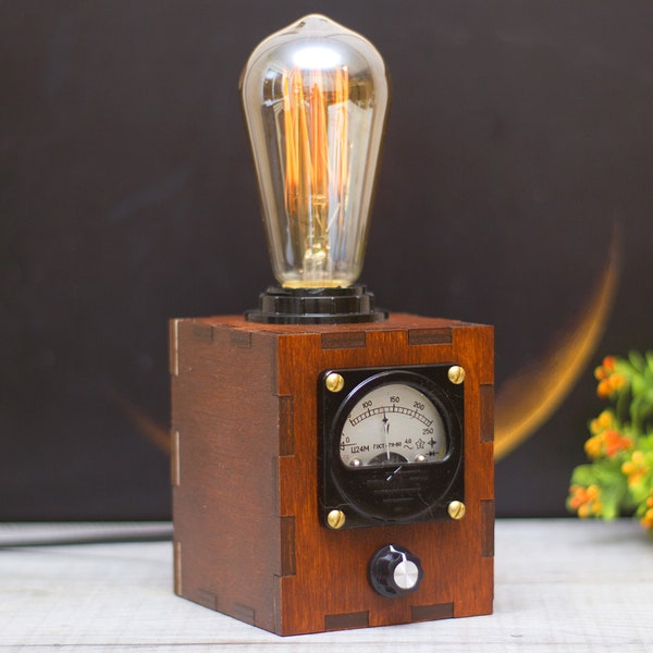 Meter wood lamp with Edison bulb. Personalized original voltmeter and dimmer. Electricians and engineers gift.