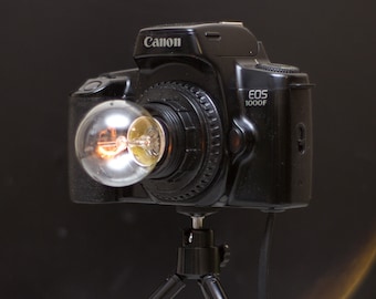 Edison lamp made from an old film camera. Dimmer optional. Photographer gift.