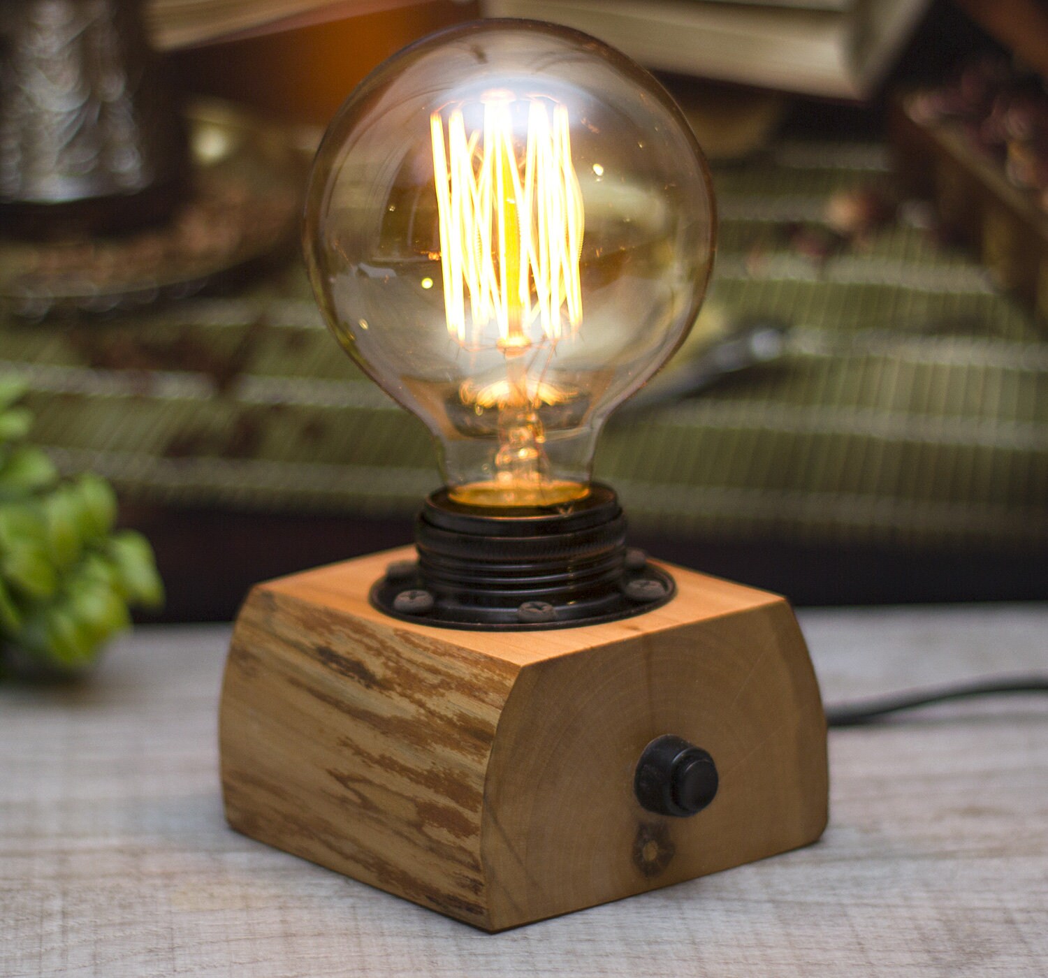 Edison farmhouse bedside lamp. Natural linden wood. Rustic Etsy
