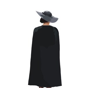 以下が含まれることがあります： 後ろ向きに立っている女性。黒いケープと、つば広のグレーの帽子をかぶっている。黒いハイヒールを履いている。