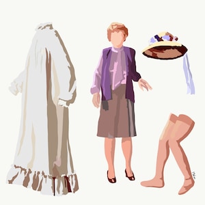 Op de afbeelding: Een illustratie van vintage kleding en accessoires. Een lange witte jurk met ruches, een vrouw in een paarse jas en rok, een hoed met bloemaccenten en een paar kousen zijn afgebeeld.