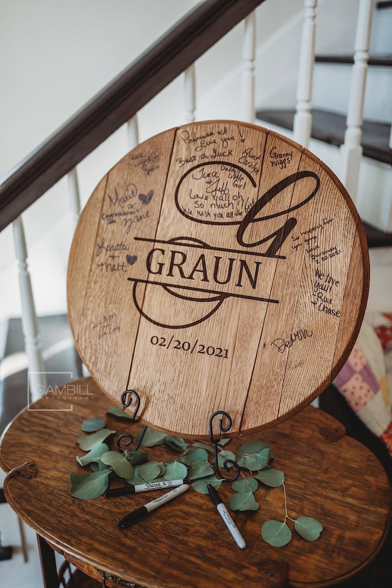 Whiskey Barrel Head Personalized, Unique Wedding Guest Book. Customized image 1