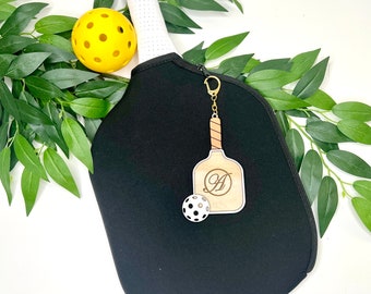 Laser Engraved Wooden Pickleball Paddle Tag: Leather Accents