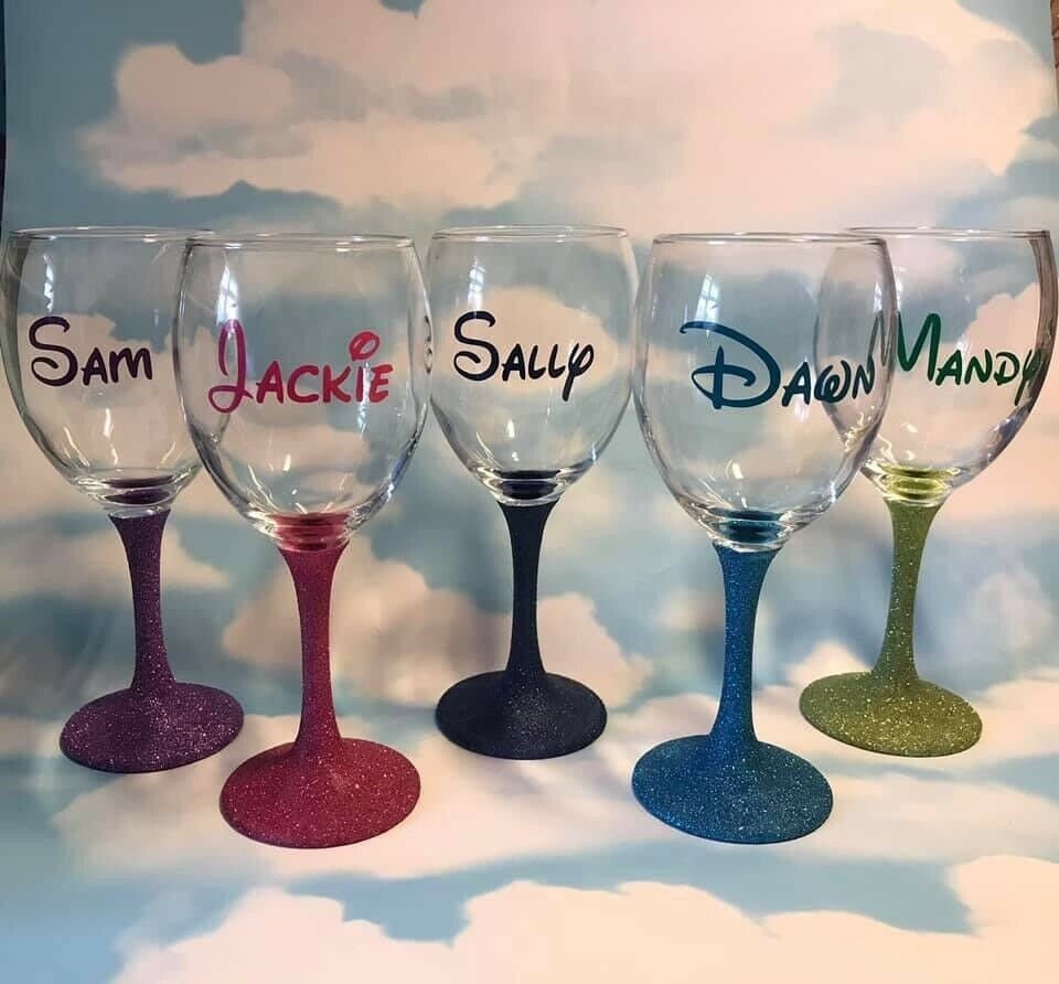 Disney character glitter wine glasses