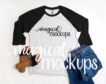 Download Free Next Level 6051 Raglan Mockup Black - Ladies' Next Level Fall T-Shirt Flatlay PSD Template
