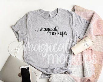 Download Free Bella 3001 T-shirt Mock-up in Heather Gray - Ladies' Bella Canvas Winter T-Shirt Flat Lay - Fall Shirt Mockup - flatlay Background Design PSD Template