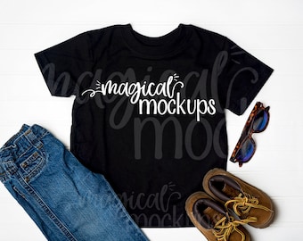 Download Free Toddler Shirt Mockup Black - Kid T-Shirt Flat Lay - Youth Boys PSD Template