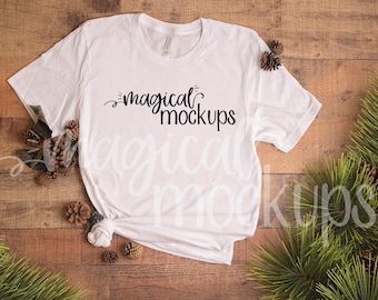 Download Free Bella 3001 Tee Mockup in White - Ladies' Bella Canvas Christmas T-Shirt Flat Lay PSD Template