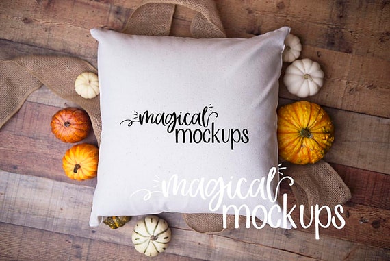 Pillow Mockup Fall Pumpkin Pillow Stock Photo