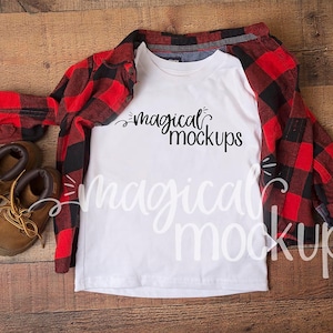 Kid shirt Mockup White - boy shirt Fall flatlay - Youth Fall