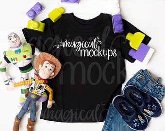 Toddler Tee Mockup in Black - Kid T-Shirt Flat Lay - Youth Character