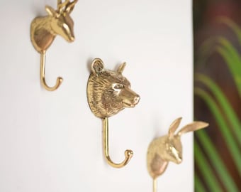 Brass Animal Head Wall Hooks Safari Nursery Decor Gold decorative  hangers