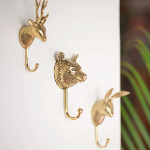 Brass Animal Head / Wall Hooks / Safari Nursery Decor / Gold decorative hangers