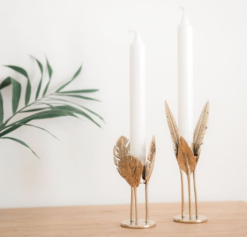 Candle holder / Gold decor / Brass candle holder / Monstera leaf / Gifts for plant lovers / Home decor / Table decor image 1