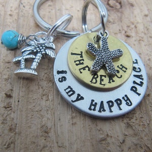The beach is my happy place, hand stamped key chain, Beach key chain, Beach lover gift, wanderlust gift, retirement gift, Palm tree charm