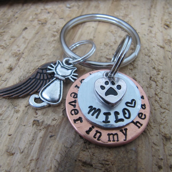 Cat Memorial key chain,hand stamped pet key chain, ,cat memorial key chain,sympathy for loss of cat,pet lover memorial, cat memorial