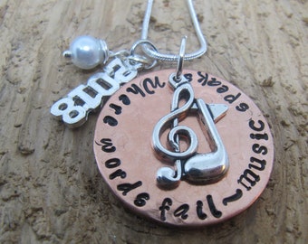 graduation gift, Music necklace, hand stamped necklace, Graduation 2018, Where words fail music speaks, Music charm, Music note charm