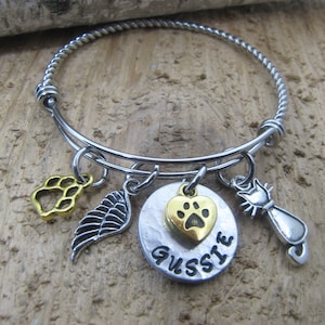 Pulsera de brazalete, monumento al gato, regalo de simpatía por la pérdida de gato, muerte de gato, joyas de simpatía, pulsera estampada a mano, joyería para gatos