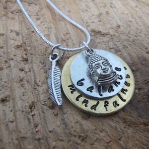 hand stamped necklace,buddah necklace,mindfulness necklace,graduation gift,inspirational,motivational,buddah charm, Yoga jewelry