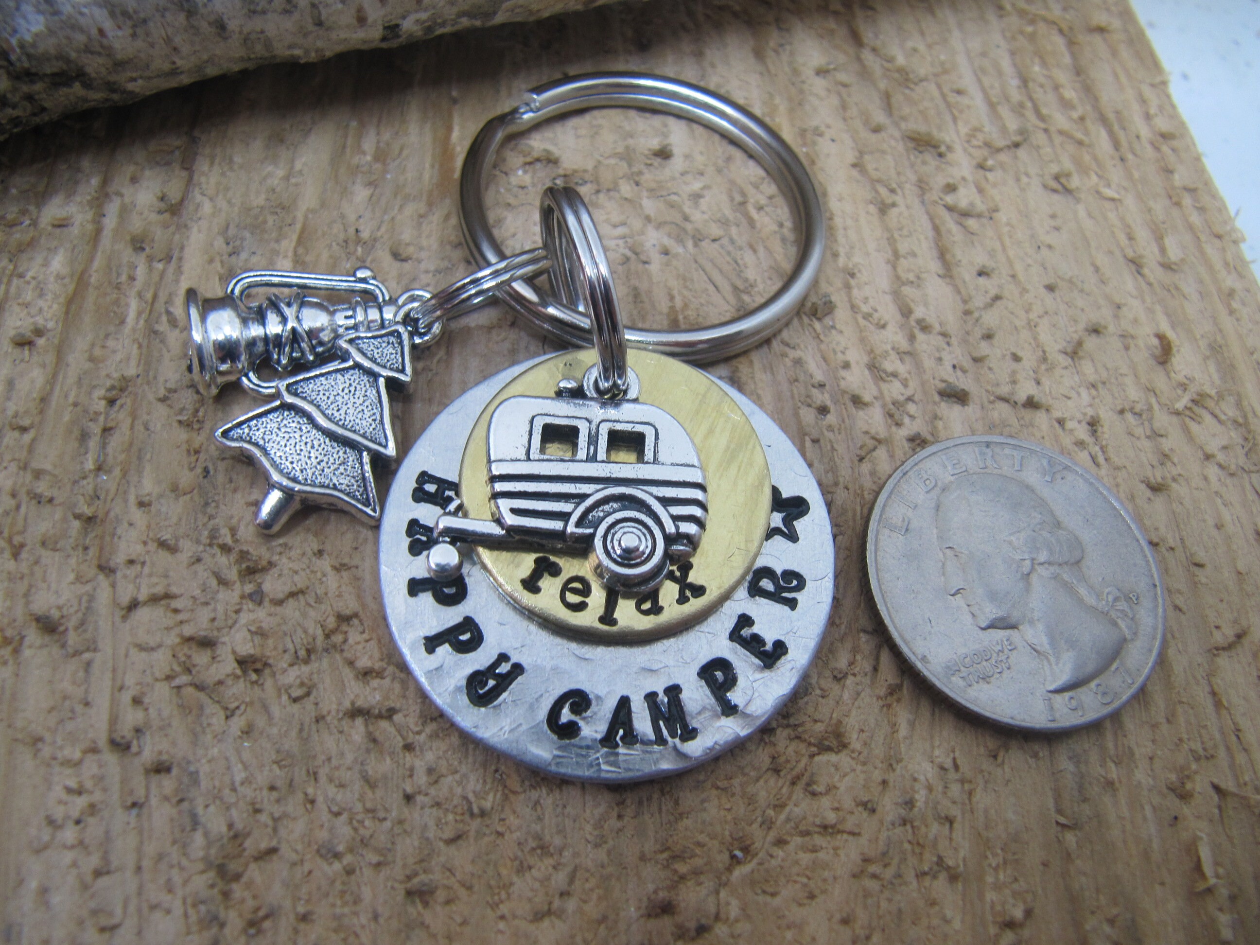 Hand Stamped Key Chainhappy Camper Key Chain Camper Keys Etsy