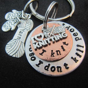 hand stamped key chain, I love knitting, humorous gift, knitting jewelry, hand stamped knitting key chain, gift under 15, gift for knitter