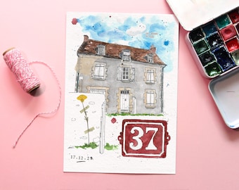 Personalized house drawing, watercolor, travel diary, personalized gift from photo, house portrait