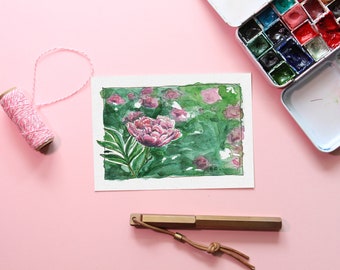 Postal peonía rosa naturaleza acuarela dibujo flor