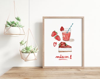 Strawberries, illustrated recipe, watercolor, kitchen poster, Strawberry illustration, yum, kitchen decoration