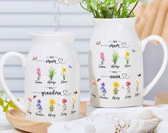 Jarrón de flores de jardín personalizado de la abuela, jarrón personalizado de primera mamá ahora abuela, regalo del día de la madre, jarrón de flores con nombre de nieto, regalo de la abuela