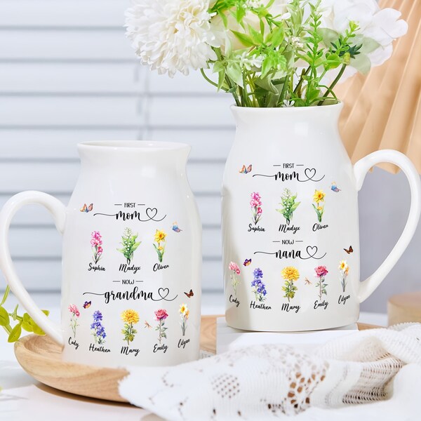 Personalized Grandma's Garden Flower Vase, Custom First Mom Now Grandma Vase, Mother's Day Gift, Grandkid Name Flower Vase, Grandma Gift