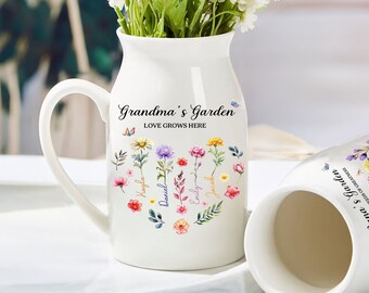 Grandma Wildflower Gift, Mothers Day Gift, Custom Grandma's Garden Flower Vase, Nana Flower Vase, Grandkid Name Flower Vase, Grandma Gift