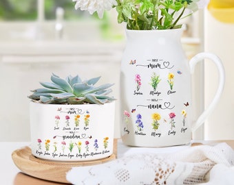 Personalisierte Omas Garten-Blumenvase, Blumentopf für die erste Mutter und jetzt Oma, Muttertagsgeschenk, individuelle Blumenvase mit Namen des Enkelkindes, Oma-Geschenk