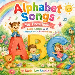 May include: A colorful children's book cover titled Alphabet Songs for Preschool, featuring large 3D letters A, B, and C, a rainbow, a sun, a teddy bear, a puppy, and two children in a garden setting with the text Nada Art Studio at the bottom.