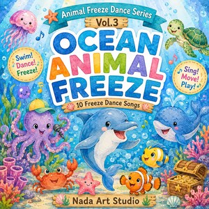 Può includere: Illustrazione colorata per la serie "Ocean Animal Freeze", con varie creature marine come un delfino, un polpo e un granchio. Il titolo è in grandi lettere multicolori, con testo che indica "10 Freeze Dance Songs".