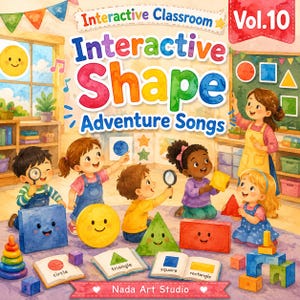 Puede incluir: Una ilustración colorida titulada Interactive Classroom Vol. 10 Interactive Shape Adventure Songs que muestra niños y un maestro en un aula con varias formas, libros y bloques. El texto Nada Art Studio se encuentra en la parte inferior.