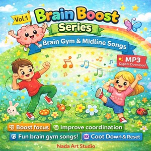 May include: Colorful children's album cover for the "Brain Boost Series." The illustration features a cartoon brain, a rainbow, and two children dancing. Text includes "Brain Gym & Midline Songs," "MP3 Digital Download," and other educational benefits.