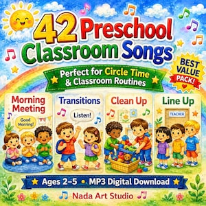 Puede incluir: Portada de descarga digital colorida para "42 Preschool Classroom Songs". La imagen presenta ilustraciones de niños, notas musicales y texto que incluye "Morning Meeting", "Transitions", "Clean Up" y "Line Up". La portada también incluye el texto "Ages 2-5" y "MP3 Digital Download".