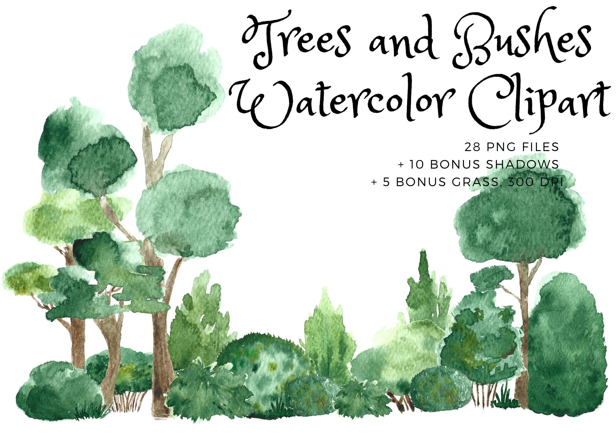 Watercolor Bush and Tree Clipart Garden 28 PNG 10 Shadows Etsy
