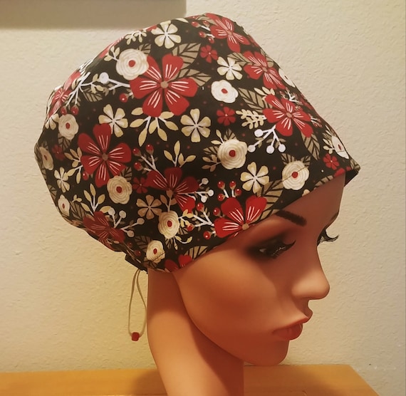 Women's Surgical Cap, Scrub Hat, Chemo Cap,    Brown and Beige Flowers