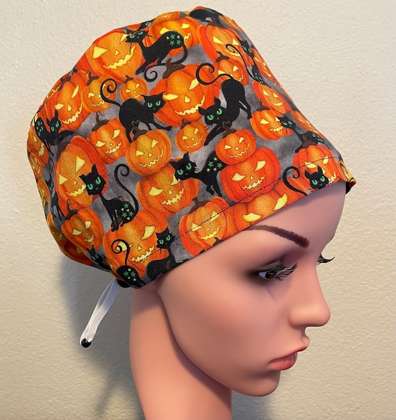 Women's Surgical Cap, Scrub Hat, Chemo Cap, Pumpkins and Black Cats