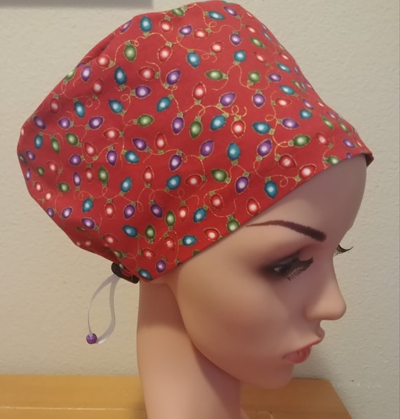 Women's Surgical Cap, Scrub Hat, Chemo Cap,  Red Christmas Lights