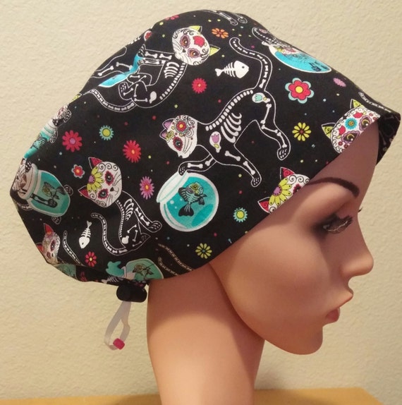 Women's Surgical Cap, Scrub Hat, Chemo Cap, Kitty Sugar Skulls