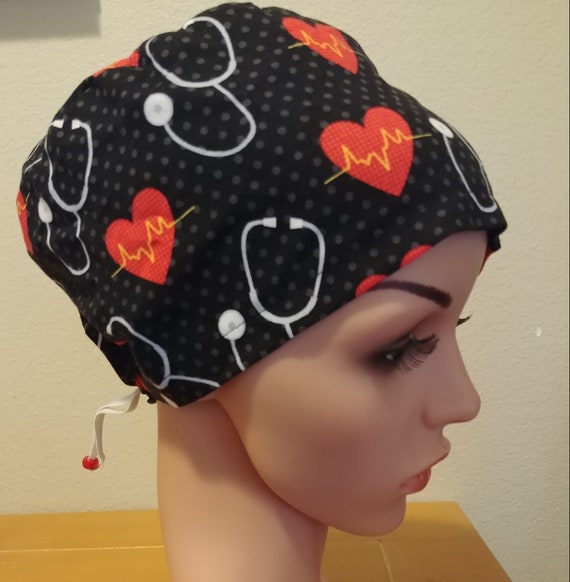 Women's Surgical Cap, Scrub Hat, Chemo Cap, Heartbeat