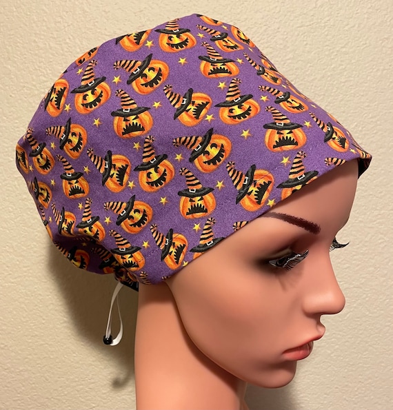 Women's Surgical Cap, Scrub Hat, Chemo Cap,  Mischievous Pumpkin